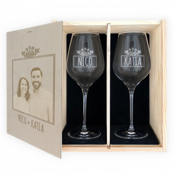 2 wine glasses in an engraved photo box 2 wine glasses in an engraved photo box