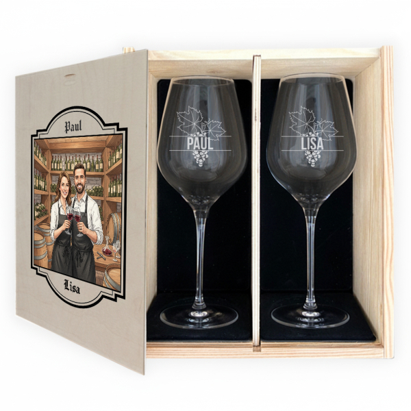 2 wine glasses with illustrated photo box 2 wine glasses with illustrated photo box