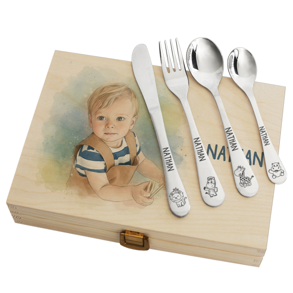 Children’s cutlery set with photo transformed into watercolour Children’s cutlery set with photo transformed into watercolour