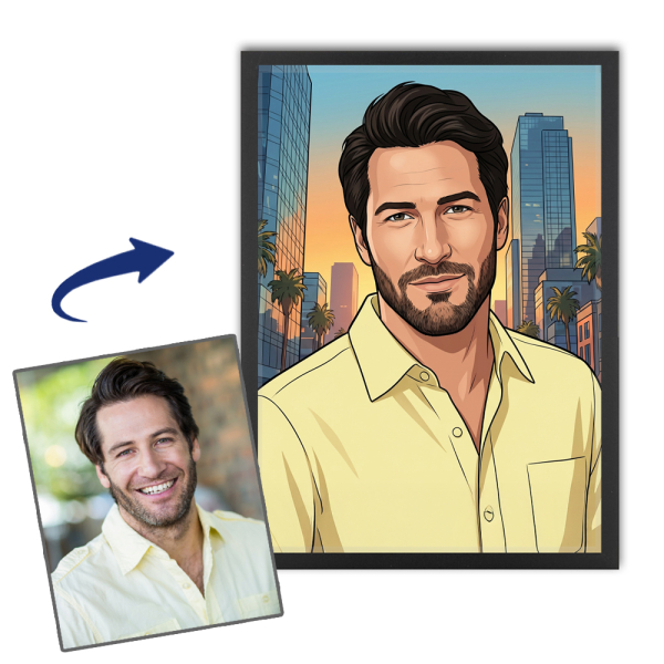 Illustrated video game�style portrait from a photo