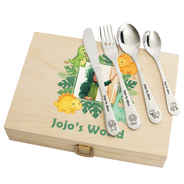 Personalised children’s cutlery set with dinosaurs and photo Personalised children’s cutlery set with dinosaurs and photo