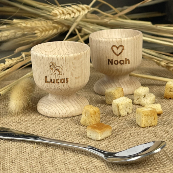 Personalised wooden egg cup with name and design